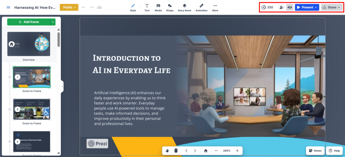 Previewing, presenting, and sharing a Prezi presentation.