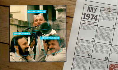 An image from the source paper 'Photo Dating by Facial Age Aggregation', overlaid against an image of a desk surface with a 1974 calendar on it. Source: eBay and Source paper + Firefly V3.