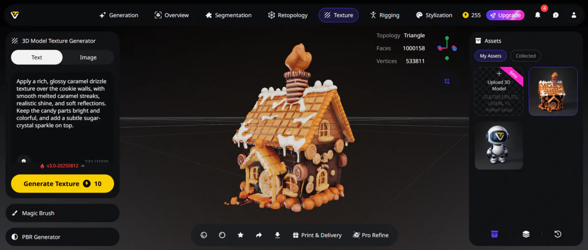 Текстурированная карамельная версия пряничного домика, созданная с помощью Tripo.
