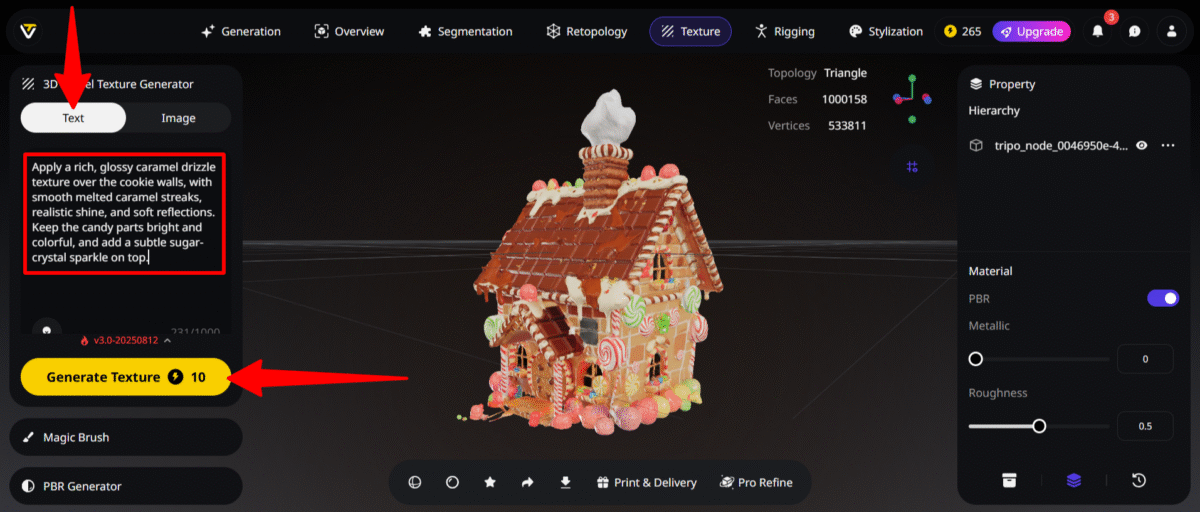 Описание и создание текстуры с помощью Tripo3D для пряничного домика.