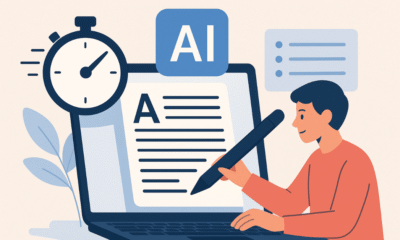 AI を活用して文章作成や調査の時間を節約する男性の漫画画像。