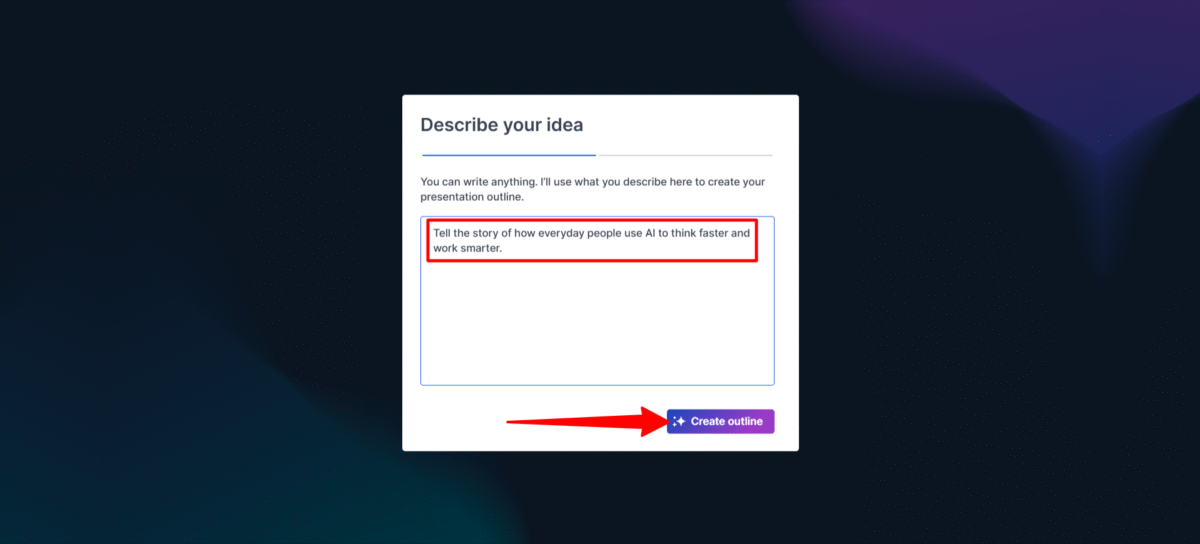 Giving Prezi a text prompt to generate a presentation.