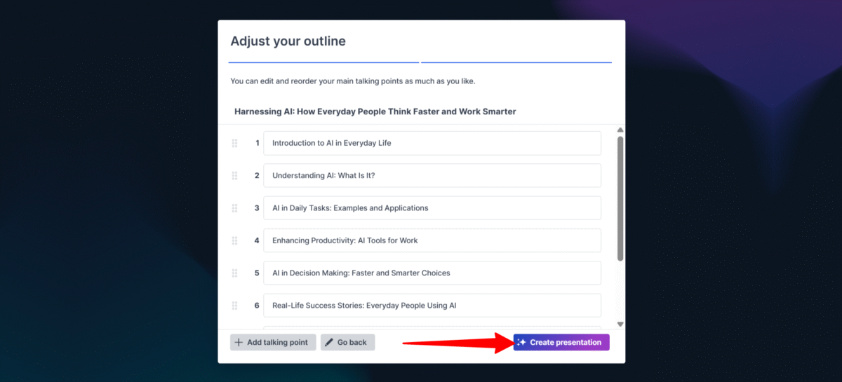 Editing the presentation outline and creating a presentation with Prezi.