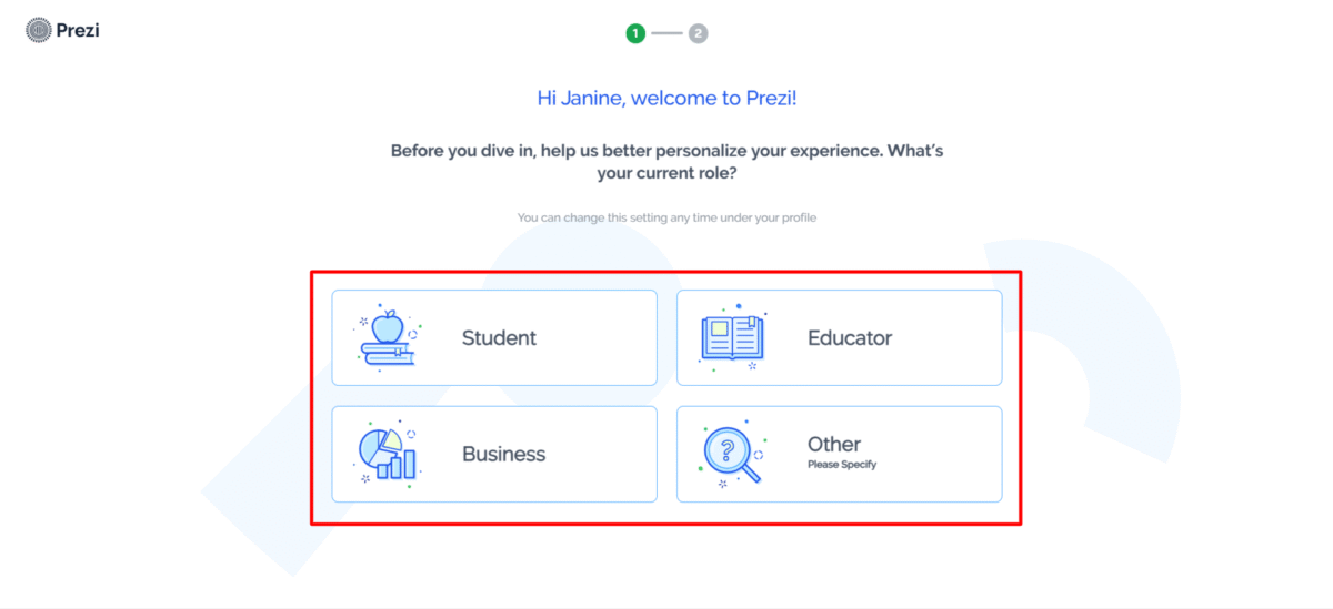 Prezi asking what my current role is.