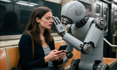 A woman riding the NYC subway is influenced by a robot sitting next to her. The robot has the ChatGPT logo on the side of its head, and is whispering confidentially to her. Qwen, Firefly V3 et al.
