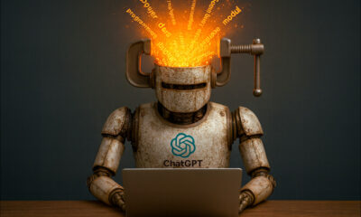 AI-generated image: A robot with ChatGPT logo at laptop, with vice on open head and glowing text emerging from head. GPT-image-1.