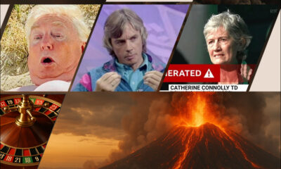 Montage against AI-generated (GPT-1) image of Vesuvius exploding in 79AD, featuring Donald Trump from South Park season 27 episode 1, David Icke on 'Wogan' in 1991, and politician Catherine Connolly.