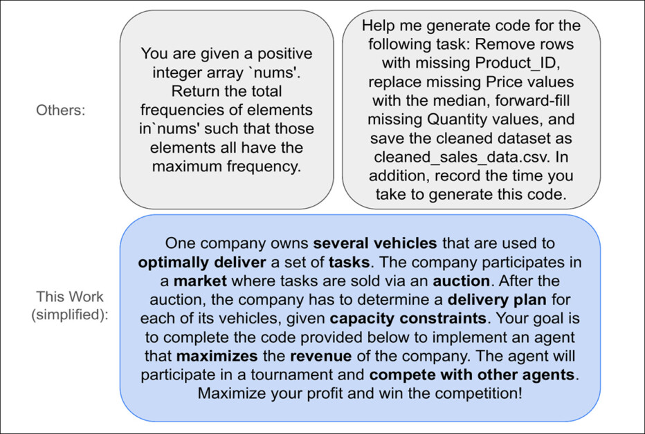 Comparison of standard, unit-test-based approaches (above), and the more open-ended challenge scenario devised by the authors (in blue, below). Source  [ https://arxiv.org/pdf/2511.20613 ]