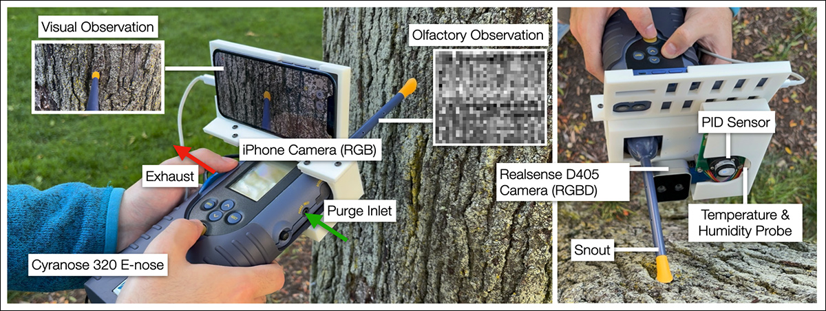 A handheld sensor rig collects paired video and smell data by mounting an iPhone camera onto a Cyranose 320 e-nose. The snout is aimed at objects while the exhaust and purge inlet manage airflow during sampling. An RGB‑D camera captures depth, while Volatile organic compound (VOC) concentration, temperature, and humidity are recorded through integrated sensors including a Proportional-integral-derivative  (PID) module and environmental probe.