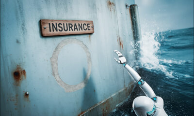AI-generated image: a robot on a floundering ship reaches for a life-preserver that is not there, under a placard reading 'INSURANCE', as the sea rises over the boat. GPT-image-1 and Firefly V3.