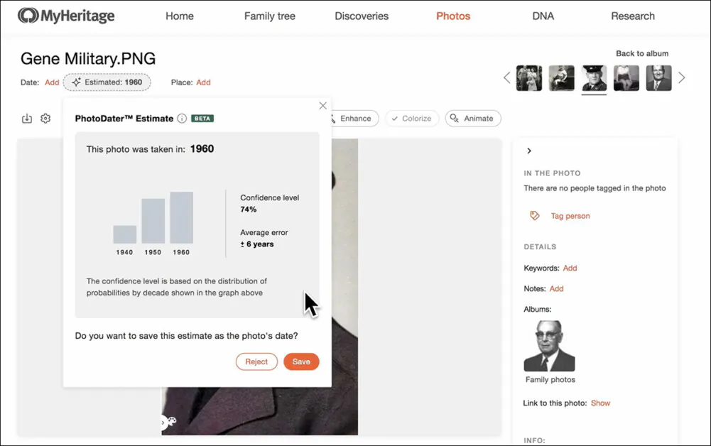 An example photo estimation from the MyHeritage PhotoDater subscription-only service. Source [ https://www.youtube.com/watch?v=2oVyLI6tBcY ]