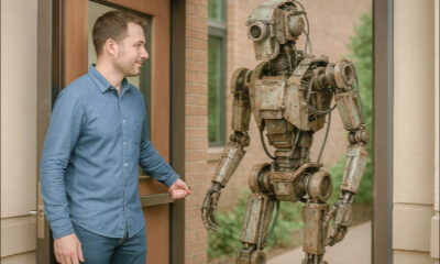 AI-generated illustration featuring a man holding a door open for a robot. Gpt-Image-1 + Firefly V3.