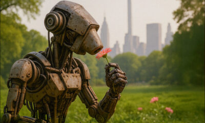 An AI-generated image: a nasally-endowed robot smells a flower in NYC's central park. GPT-image-1 and Qwen Edit 5209.
