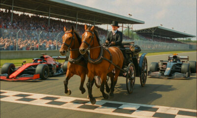 AI-generated image: a Victorian coach and horses winning formula 1 against modern race car competitors. gpt-image-1.