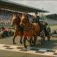 AI-generated image: a Victorian coach and horses winning formula 1 against modern race car competitors. gpt-image-1.