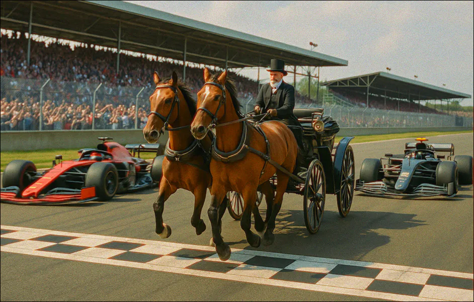 AI-generated image: a Victorian coach and horses winning formula 1 against modern race car competitors. gpt-image-1.