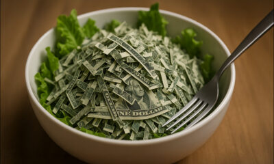 AI-generated image: a salad full of chopped-up one-dollar bills. GPT-1, Firefly V3, et al.