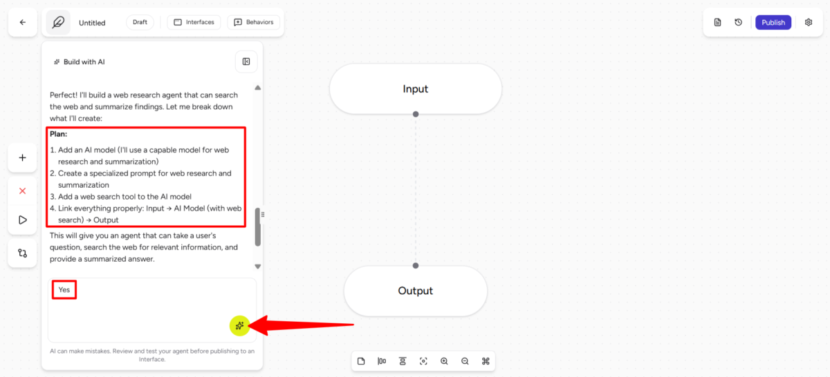 Confirmation d'un plan généré par le chatbot IA d'Airia.