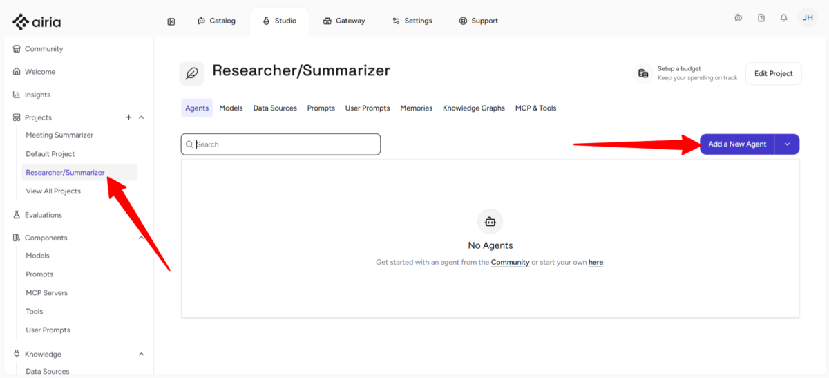 Ajout d'un nouvel agent à un projet à Airia.