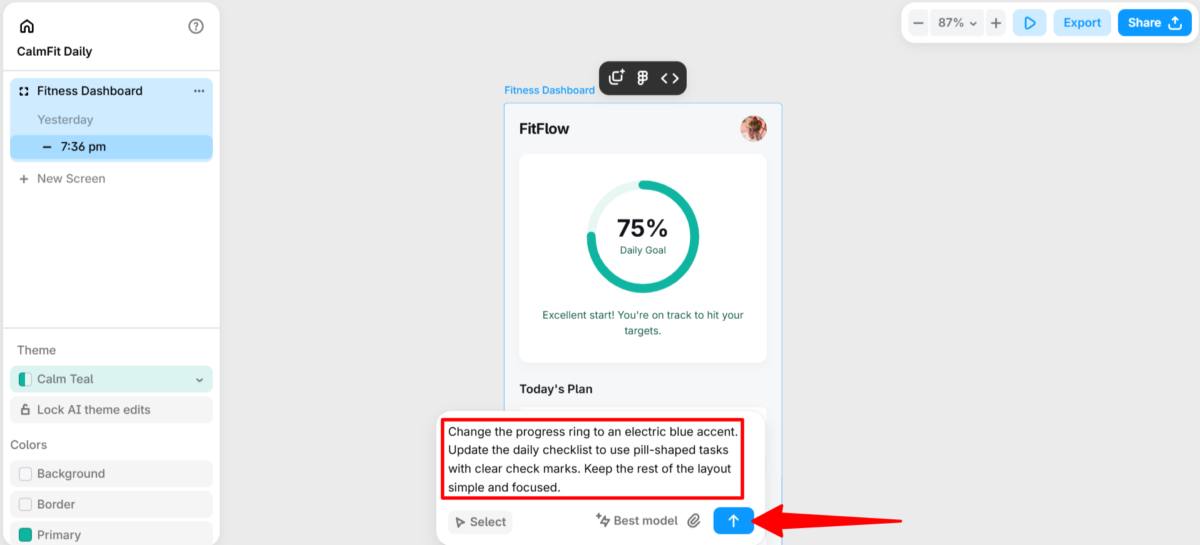 Sending Banani a prompt to make edits on a mobile design.