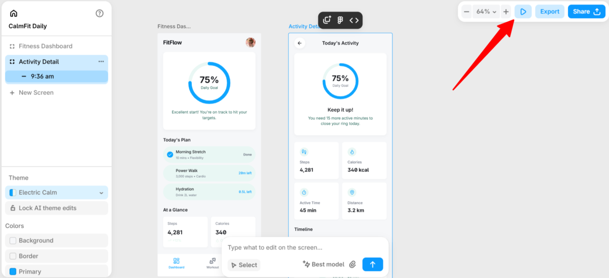 Previewing, exporting, and sharing a Banani project.