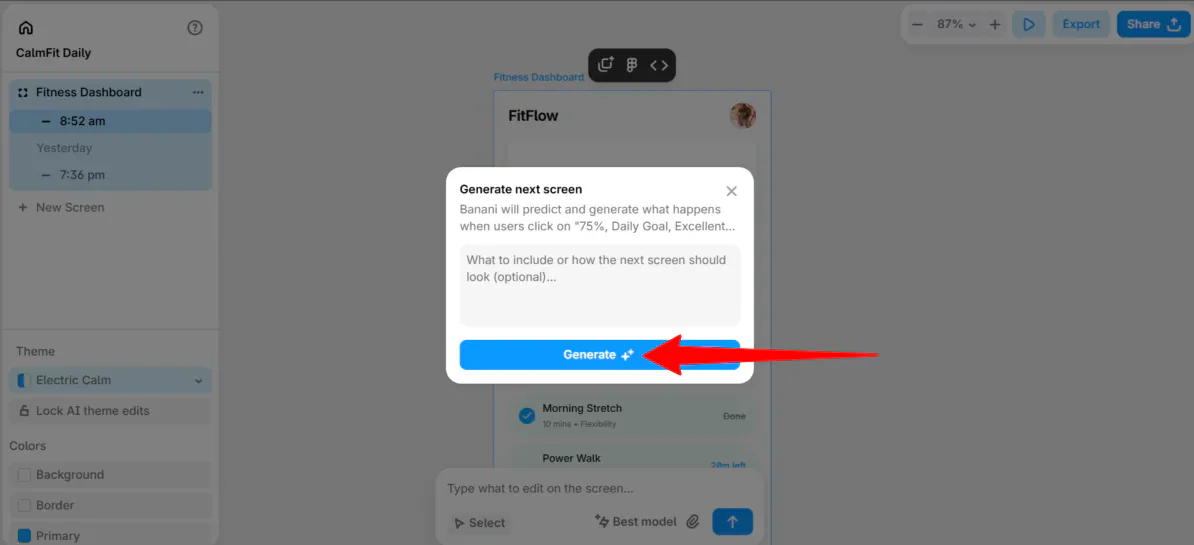 Generating the next screen with Banani.