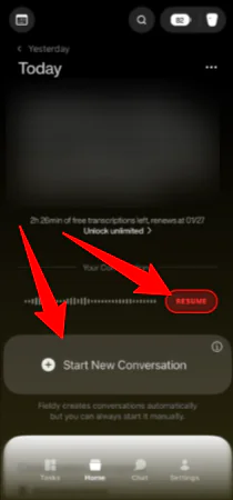 Початок нової розмови та відновлення запису з Філді.