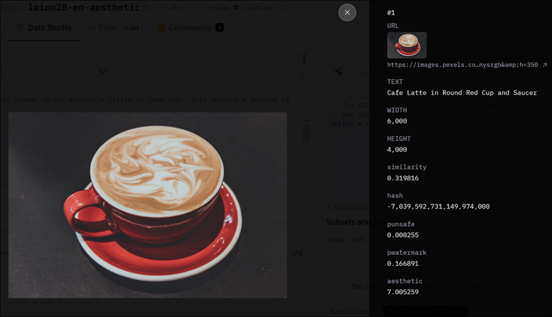 LAION-2B-kokoelman merkinnän metatiedot. Lähde - https://huggingface.co/datasets/laion/laion2B-en-aesthetic/viewer/default/train