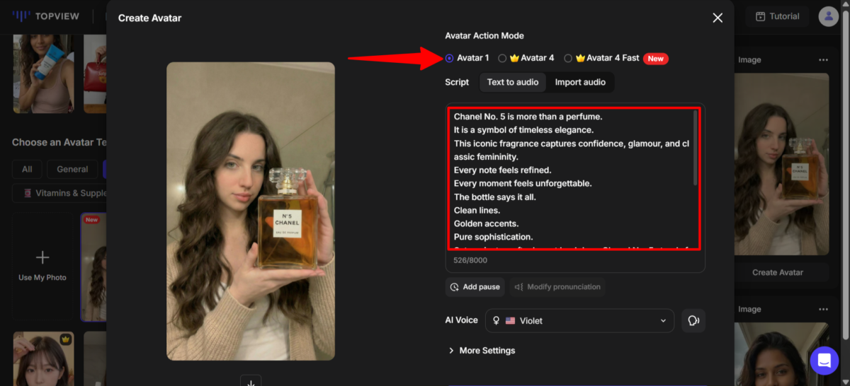 Hochladen eines Skripts und Generieren eines KI-Avatar-Videos mit Topview.