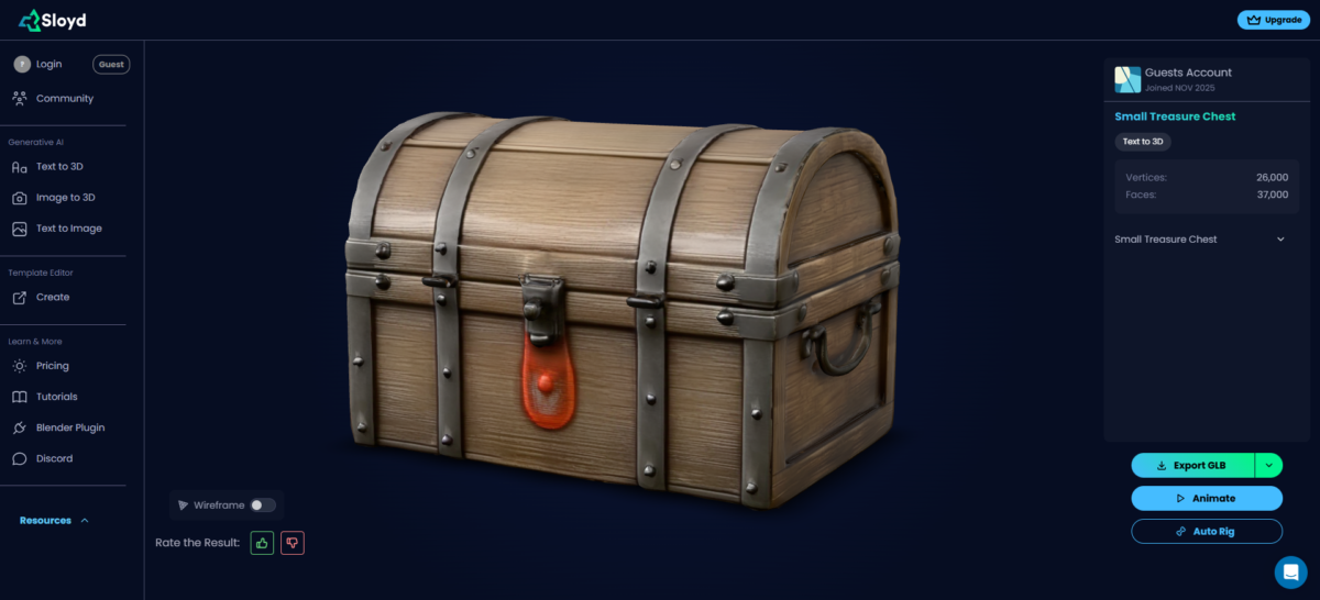 3D-модель скрині зі скарбами, згенерована штучним інтелектом, створена за допомогою Sloyd AI.