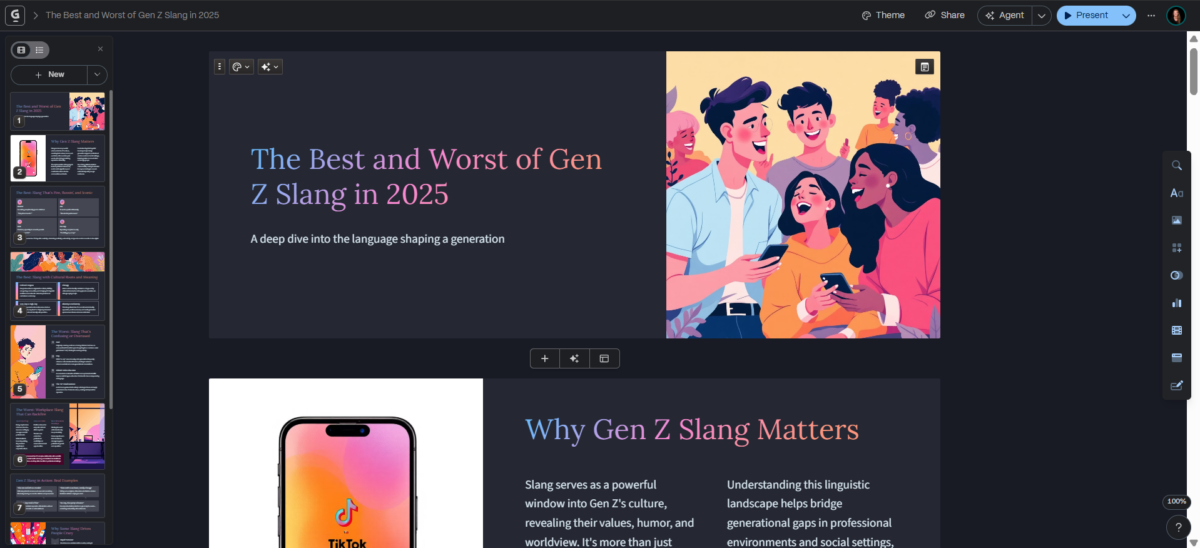 Création d'un diaporama sur le meilleur et le pire de l'argot de la génération Z avec Gamma.