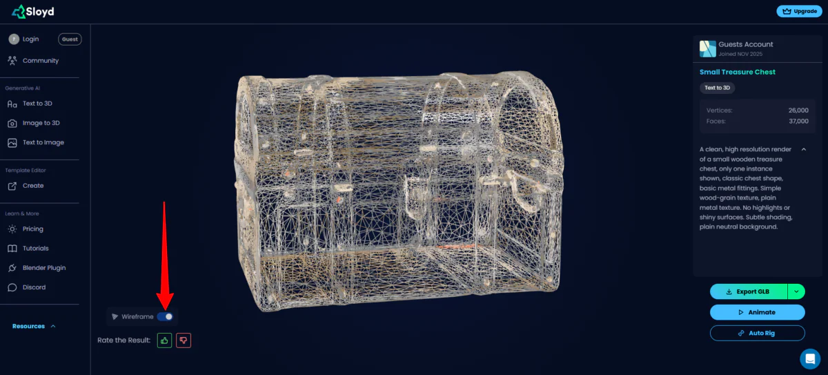 Перегляд 3D-об'єкта, згенерованого за допомогою Sloyd, у вигляді каркасу.