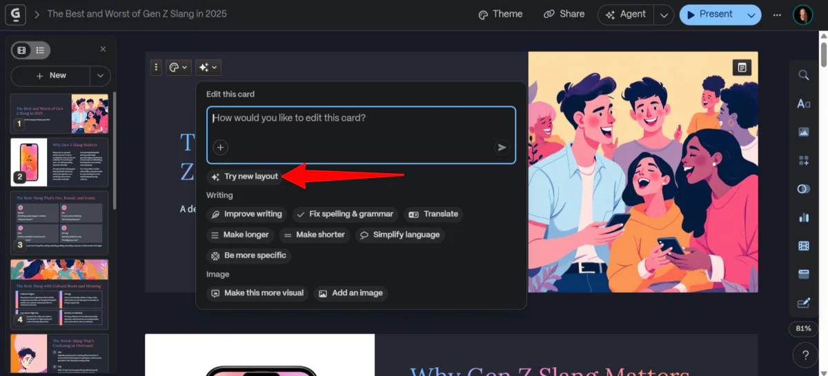 J'essaie une nouvelle mise en page pour l'une des cartes d'une présentation générée avec Gamma.