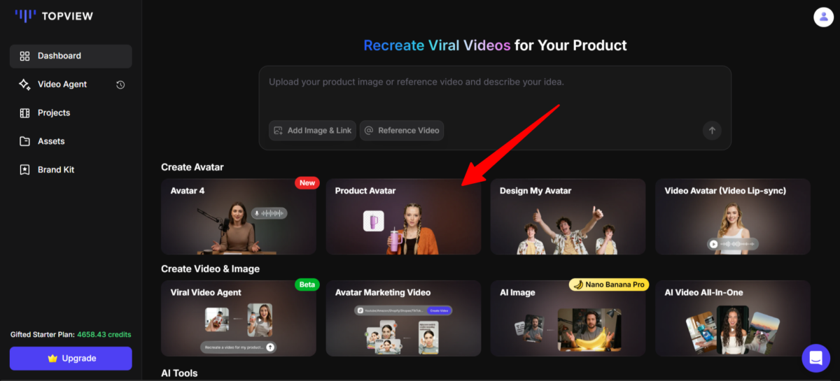 Auswahl des Produktavatars in Topview AI.