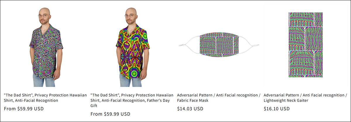 Îmbrăcăminte disponibilă în comerț, concepută pentru a contracara sistemele de recunoaștere bazate pe inteligență artificială cu „atacuri purtabile”. Sursa – via https://archive.ph/0af6l