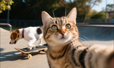 A still from a demo video for the paper 'Factorized Video Generation: Decoupling Scene Construction and Temporal Synthesis in Text-to-Video Diffusion Models', depicting a POV of a 'cat selfie', while a dog skateboards in the background. Source: https://vita-epfl.github.io/FVG/