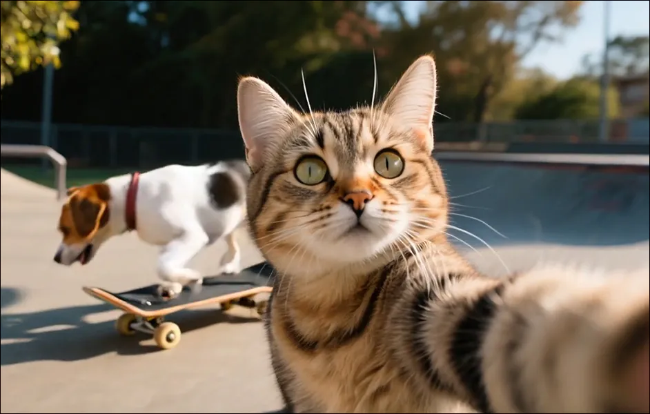 这是论文《分解式视频生成:文本到视频扩散模型中场景构建与时间合成的解耦》演示视频中的一个截图,画面呈现的是一张“猫咪自拍”的第一人称视角,背景中一只狗正在滑滑板。来源:https://vita-epfl.github.io/FVG/