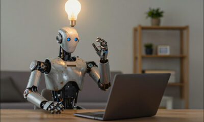 AI-generated image: A robot sits in front of a laptop and a 'Eureka!' light-bulb lights up over its head. Z-Image, Qwen Edit (509), and Firefly V3