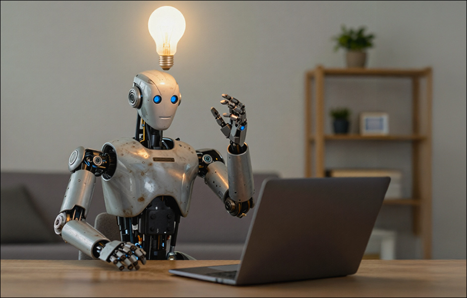 AI生成画像:ロボットがノートパソコンの前に座り、頭上に「エウレカ!」と光る電球。Z-Image、Qwen Edit(509)、Firefly V3