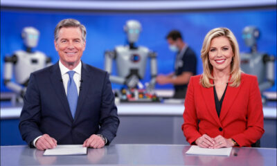 AI-generated illustration featuring two 'perfect' and typical US-style newsreaders in a news anchor room – an older male and younger blonde female both Caucasian, with robots and technicians in the background. Z-Image, Firefly 3, et al.