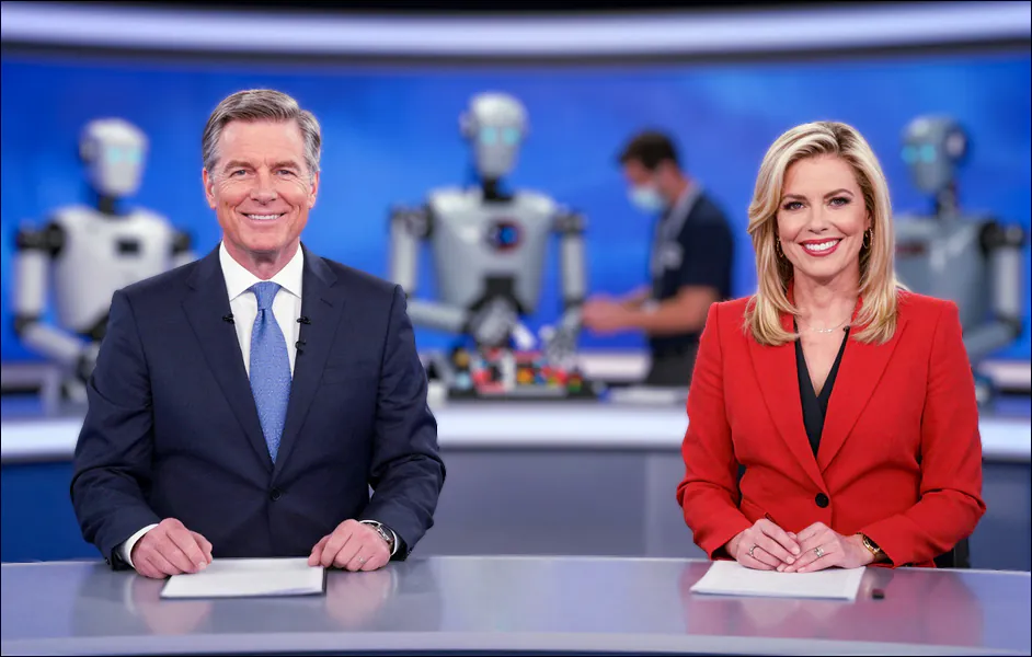 رسم توضيحي مُولّد بالذكاء الاصطناعي يُظهر اثنين من مُذيعي الأخبار "المثاليين" على النمط الأمريكي في غرفة مُذيعي الأخبار - رجل مُسنّ وامرأة شابة شقراء، كلاهما من ذوي البشرة البيضاء، مع وجود روبوتات وفنيين في الخلفية. Z-Image، Firefly 3، وآخرون.