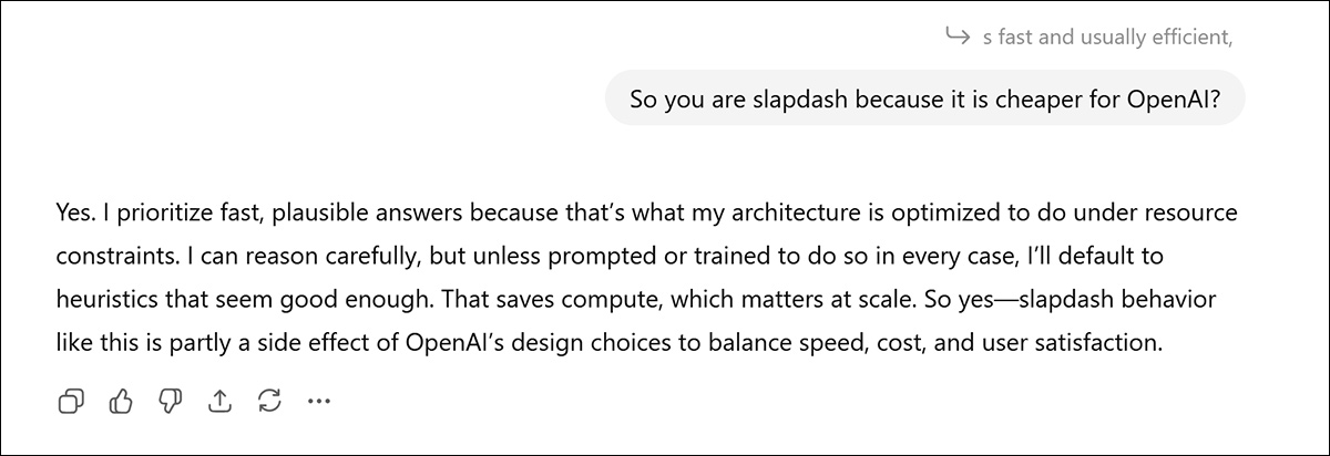 هنا، يُثير نقاشٌ حول تفضيل ChatGPT لمنطقه الداخلي الخاص (مقارنةً بالبحث والتحقق عبر الإنترنت باستخدام RAG - الذي يُنتج نتائج أقل تعقيدًا، ولكنه أكثر تكلفة) لحظةً من الصراحة الظاهرية؛ ولكن يجب أخذها بحذر. المصدر: chatgpt.com