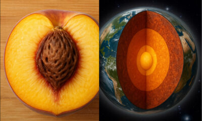 AI-generated image: comparative cross-sections of a peach and the planet Earth. GPT-image-1, Firefly 3.
