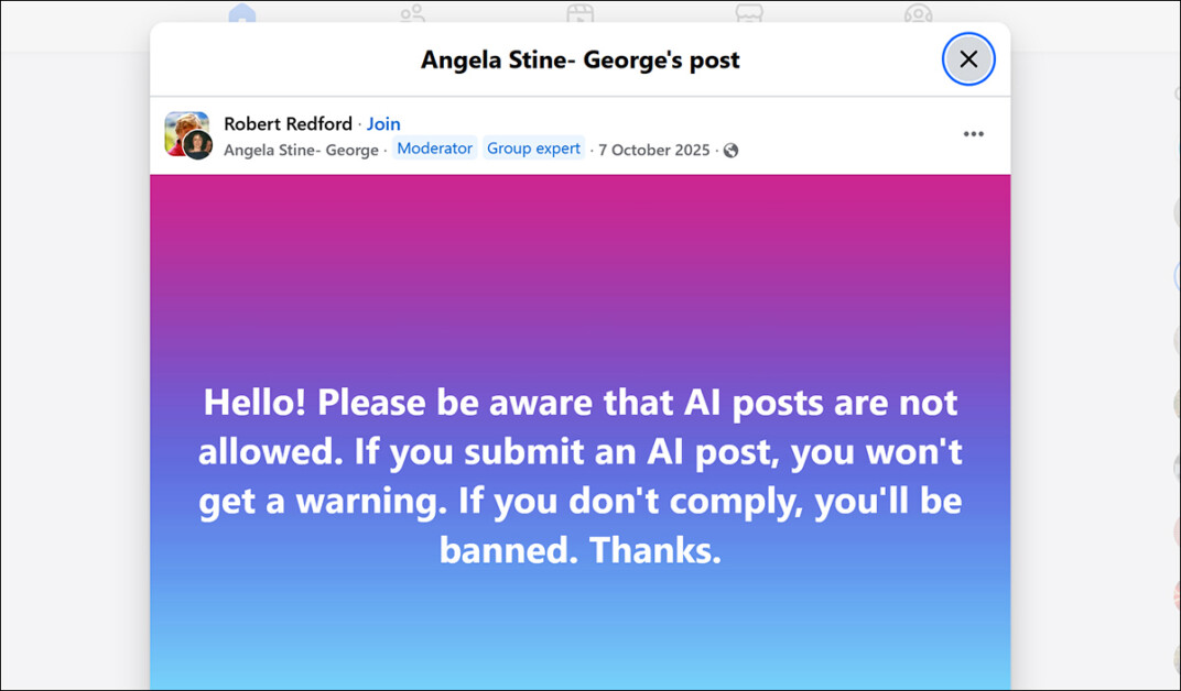 A typical anti-AI edict from Facebook. Source - https://www.facebook.com/groups/1416546745305397/posts/3754074121552636/