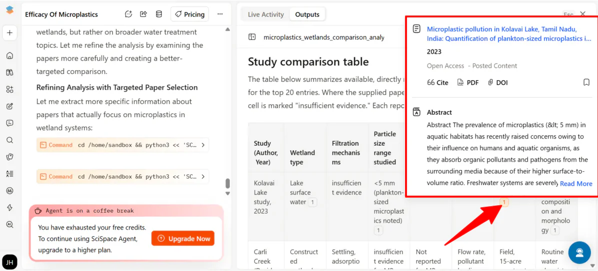 Accessing the hyperlinked source paper from the table generated with SciSpace.