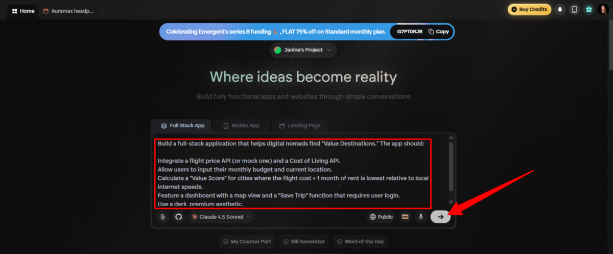 Giving Emergent a text prompt to generate a full stack app.