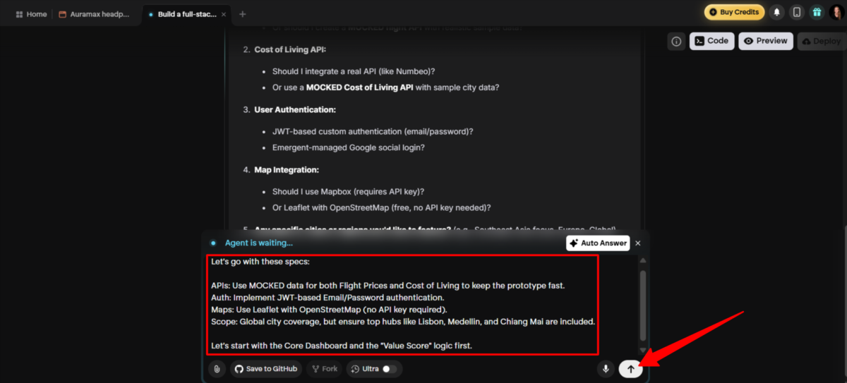 Telling Emergent the specifications when generating an app.