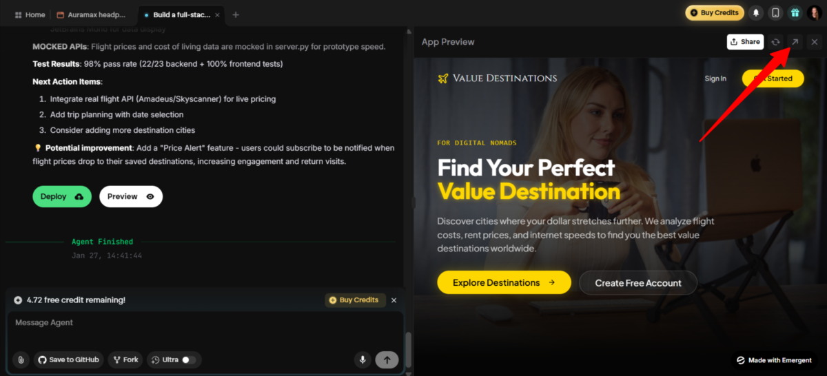 Opening an app generated with Emergent in a new tab.