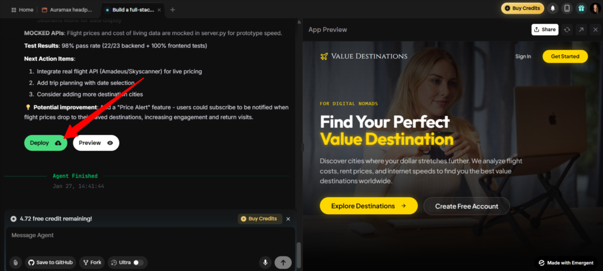 Deploying a project generated with Emergent.