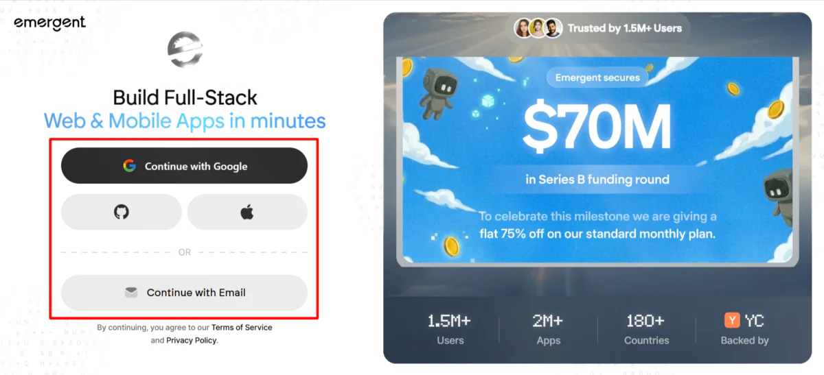 Creating an account with Emergent AI.